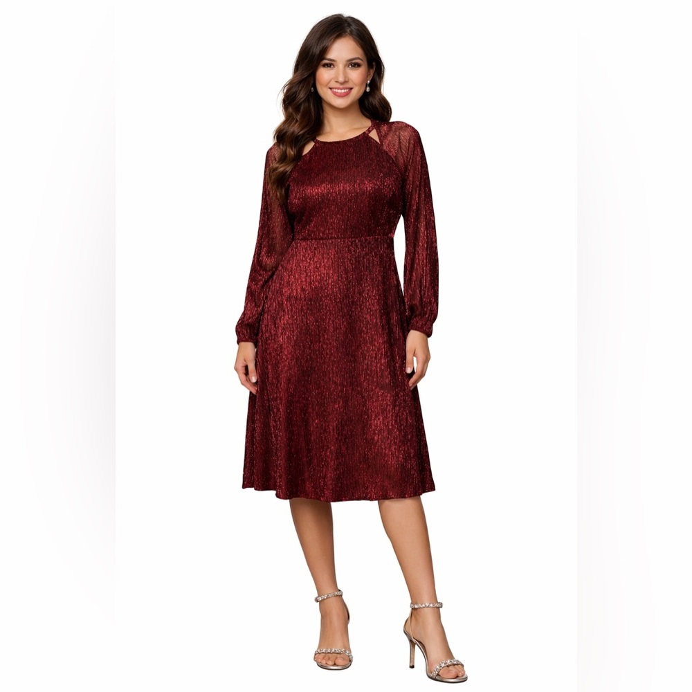 Burgundy Metallic Long Sleeve Midi Dress – Elegant Holiday & Cocktail Sz Medium